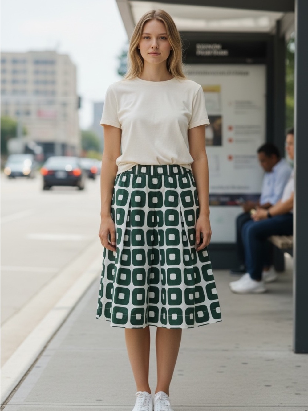 Boden Cotton Green and White Striped Skirt with Striking Design